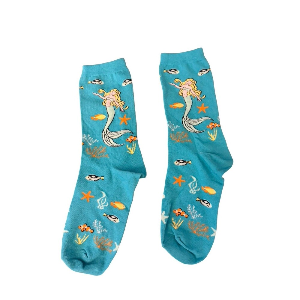 K Bell Womens Mermaid Socks 2 Pair Lot Ocean Fish Blue Novelty New Size 4-10